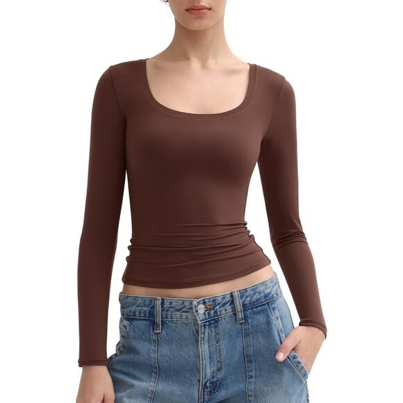 Women Tiramisu Long Sleeve T Shirts Scoop Neck Slim Fit Out Top Collection